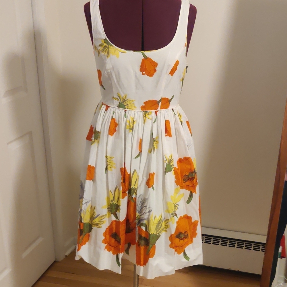 Moulinette Soeurs White and Orange Floral Midi Dress